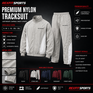 REXFIT SPORTS 2026 Custom Unisex Stone Grey <b>Nylon</b> Tracksuit Full Zip Jacket <b>Jogger</b> Pants Set Private Label Sportswear Manufactur - Product Image 1