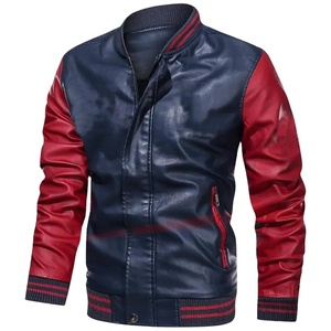 Hombres color bloqueo PU chaqueta de cuero versión casual Stand Up collar chaquetas hombres venta al por mayor distribución motocicleta chaqueta hombres rojo - Product Image 1