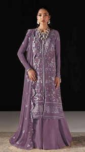 Traje Salwar Tradicional para Mujer, Color Morado, Chiffon Bordado con Lentejuelas Khatli, Largo hasta el Suelo, con Dupatta hasta el Tobillo, de Secado Rápido, Estilo Indio - Product Image 3
