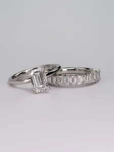Ensemble de trois bagues en moissanite taille émeraude, plaqué or 14 carats, argent 925, alliance pour femme - Product Image 3