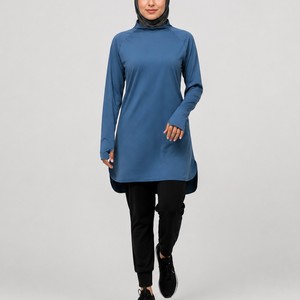Haut de sport modeste pour femme à manches longues, bleu uni, coupe régulière, extensible dans quatre directions, écologique, UPF50+, respirant, grande taille - Product Image 1