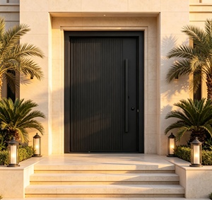 Modern Minimalist Steel Entry Door with Vertical Groove Design and Blue LED Handle <b>Swing</b> Style Anti-Theft Security Exterior Use - Product Image 6