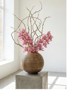 Jarrón de Bambú a Rayas Hecho a Mano, Recipiente Redondo de Madera para Flores, Decoración para el Hogar, Sala de Estar, Mesa de Comedor - Product Image 1
