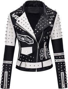 Women Punk Genuine Leather Moto <b>Jacket</b> Relaxed Fit Stoned Design Premium Leather Breathable Winter Full Sleeve Cafe Racer Style - Product Image 6