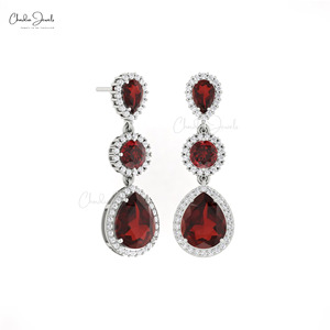 Handmade 14k Solid Gold <b>Earrings</b> Natural 10x8mm Pear Cut Red Garnet Halo <b>Earrings</b> with Diamond Accent Cocktail Jewelry for Women - Product Image 2