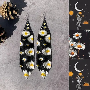 Daisy Bead Fringe <b>Earrings</b> - Boho Black fringe <b>earrings</b> - long beaded <b>earrings</b> - handmade beadwork <b>earrings</b> - boho bead flowers - Product Image 1