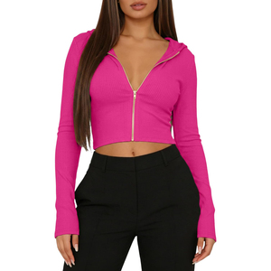 Top Corto con Capucha y Cierre de Cremallera para Mujer, Color Rosa, Tejido de Punto, Manga Larga, Color Sólido, Transpirable, Ropa de Otoño, OEM ODM - Product Image 3