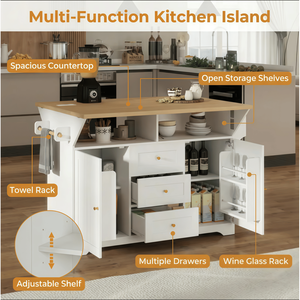 Large <b>Kitchen</b> Island with 2 Drop Leaf Rolling <b>Kitchen</b> Cart on 5 Wheels Power Outlet <b>Folding</b> Storage Dining <b>Table</b> for Spic - Product Image 6