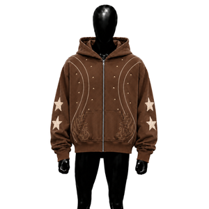 Sweat à capuche marron vintage zippé, style streetwear urbain, avec patch étoile vieilli, coupe oversize, style streetwear de luxe, rétro, effet délavé, épais - Product Image 1
