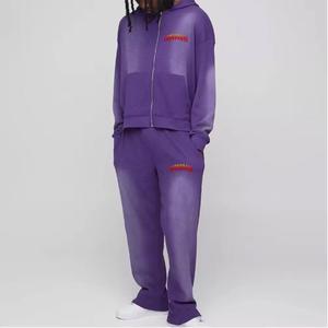 Survêtement vintage délavé à l'acide avec fermeture éclair intégrale, coupe ample, 100 % coton, pantalon de survêtement imprimé en relief, ensemble de survêtement épais - Product Image 1