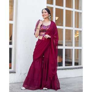 Sari indien en mousseline de Banarasi avec broderies de sequins, couleur bordeaux, pour mariages, Diwali, fêtes, collection de luxe ethnique pour femmes - Product Image 3