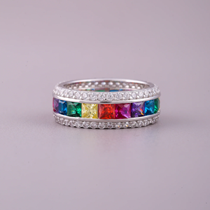 Bague classique Eternity avec diamants naturels ronds sertis pavé, plaqué rhodium, argent 925, unisexe, pour mariage et fiançailles - Product Image 2