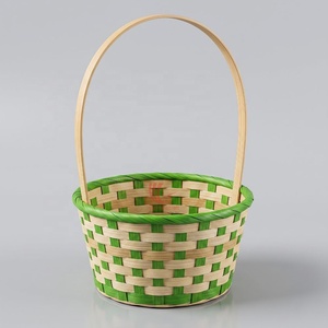 Panier de rangement en bambou naturel tissé avec poignée, simple, multifonctionnel, en forme de bol, couleur vert beige - Product Image 1