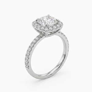 Anillo de compromiso con halo de moissanita talla cojín y engaste central brillante pavé, chapado en oro blanco, joyería fina para mujer - Product Image 3