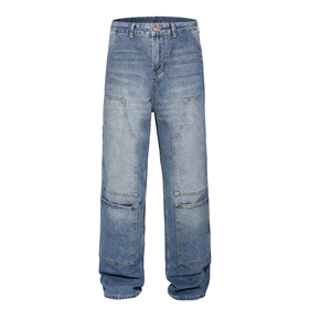 Jeans Cargo de Mezclilla de Cintura Alta y Corte Holgado para Hombre, de Algodón, Lavado a la Piedra, Color Sólido, Estilo Casual de Otoño, con Bolsillos, Pierna Recta - Product Image 1