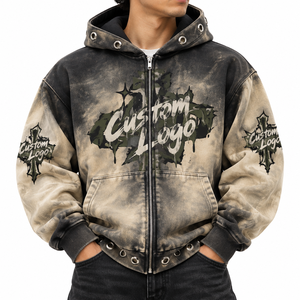 Veste à capuche tie-dye pour femme, style streetwear, noir beige, avec motifs graphiques gothiques, camouflage, croix, graffiti et gouttes, et œillets teints à la kéraine - Product Image 1