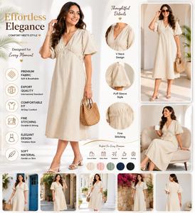 Robe midi bohème en coton et lin, unie et respirante, à manches bouffantes - Robe de soirée élégante à col en V et taille naturelle pour femme - Product Image 6