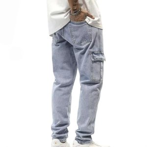 Pantalon cargo en jean pour homme, délavé, coupe droite légère, taille haute, en coton léger, avec poches - Product Image 6