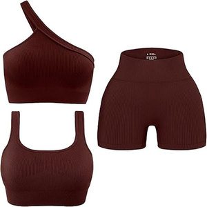 Comfortable Women 2 Piece Vintage Solid Workout Sets Seamless Ribbed Yoga Outfits Sports Bra <b>One</b> Shoulder <b>Top</b> Shorts Gym - Product Image 4