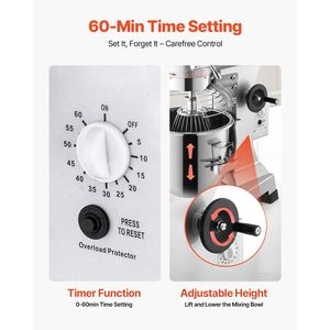 Impastatrice Professionale 15Qt 600W con 3 Velocità Regolabili 110/178/390 RPM, Ciotola in Acciaio Inox, Ganci per Impasto e Frusta, 110V - Product Image 5