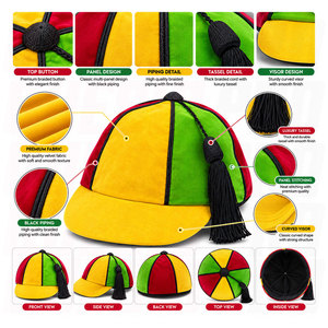 Casquette formelle unisexe en velours rouge, jaune et vert, avec passepoil noir élégant et pompon, personnalisable pour équipes scolaires et sportives - Product Image 6