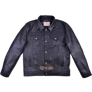 <b>Mens</b> Real Goatskin Leather <b>Trucker</b> <b>Jacket</b> Classic Western Style Durable Dark Brown Denim Look Casual Fashion Waterproof Front - Product Image 1