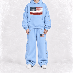 Chándal unisex verde con capucha, manga larga, estampado de bandera americana, ropa de calle, corte holgado, de algodón, para otoño - Product Image 4