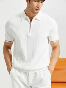 Polo de alta calidad para hombre, azul y blanco, con cremallera, corte ajustado, manga corta, diseño deportivo, moderno, informal, para verano. - Product Image 4