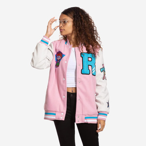 Wholesale Price Pink Varsity <b>Jacket</b> Women's Embroidered Letter R Patch Design Full Sleeve Turn-down Collar Autumn Wear - Product Image 2