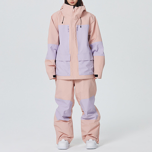 Traje de esquí para mujer con bloques de color, chaqueta impermeable con capucha y conjunto de pantalones, aislamiento sintético, 100% poliéster, ropa para la nieve - Product Image 1