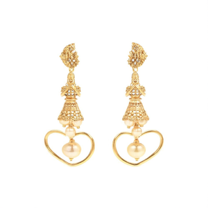 Chandelier Drop Pearl Stud Earrings-Ethnic Religious Heart Pendant Jhumka - Product Image 2