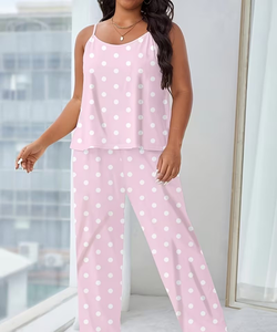 Women Pink Polka Dot Sleeveless Spaghetti Strap Pajama Set Knitted Soft Elastic Waist Full Length Sleepwear Casual Summer Wear - Product Image 4