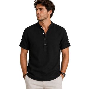Camisa Henley de Lino Mezclado con Cuello Mandarín para Hombre, Negra, Manga Corta, Casual, Verano, Transpirable, con Botones, Personalizable OEM - Product Image 1