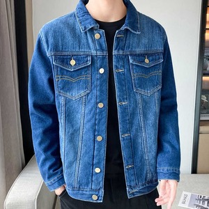 Men's Plus Size Denim <b>Jacket</b> <b>Fleece</b>-Covered Casual Winter Coat Embroidery <b>Thick</b> Warm Multi-Pocket Design Customizable Big Tall - Product Image 1