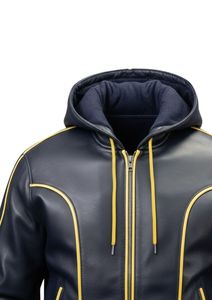 Luxury Men's Navy Blue Leather Tracksuit with Gold Contrast Trim – Hooded Zip-Up <b>Jacket</b> and Tailored Jogger Pants Set - Product Image 4