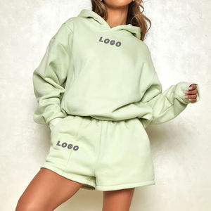 ชุดเซ็ตฮู้ดดี้และกางเกงขาสั้นผ้าฟลีซคอตตอนเนื้อหนาคุณภาพสูงสำหรับผู้หญิง ตกแต่งด้วยงานปักแบบเรียบง่าย สไตล์สตรีทแวร์สำหรับฤดูหนาว - Product Image 4