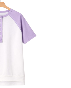 Women White Lavender Raglan Sleeve Henley T Shirt Cotton Blend Casual Short Sleeve Summer <b>Top</b> Trendy Minimalist Soft Tee Wear - Product Image 4