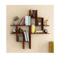 Estante de pared flotante de varias niveles con diseño de fase lunar creciente, rejilla de madera, expositor de cristales, caja de sombra celestial y soporte para almacenamiento de piedras