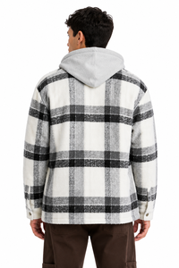 Men's Oversized Plaid Hooded Shacket <b>Jacket</b> White Grey Checkered Hooded Shirt <b>Jacket</b> Casual <b>Flannel</b> Overshirt Button Front Layer - Product Image 3