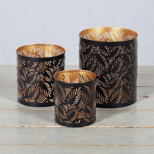Black Steel <b>Lantern</b> <b>Set</b> With Leaf Cutout Design For Home Decoration - Product Image 1