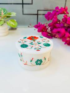 Round Marble Inlaid Jewelry <b>Box</b> <b>Floral</b> Stone Case White Marble <b>Box</b> for Wedding Gift Home Decor - Product Image 2