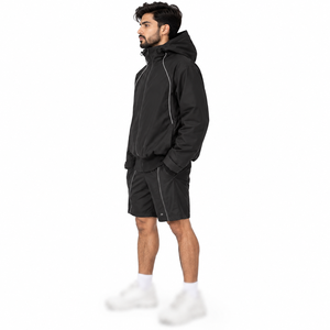 Men's Reflective Piping Hooded <b>Zip</b> <b>Up</b> Wholesale OEM <b>Black</b> Windbreaker & Cargo Shorts Heavyweight Nylon Tracksuit <b>Hoodie</b> Clothing - Product Image 2
