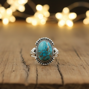 Bague ovale en turquoise bleu cuivre, argent sterling 925, faite à la main, style vintage bohème, bijou pour femme, cadeau de Noël - Product Image 5