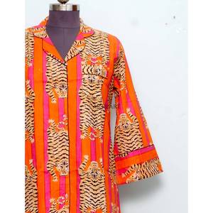 Vintage Sweet Floral Block Printed Cotton Midi Dress Eco-Friendly Tiger Printed Party Long Turn-<b>down</b> Collar Button Shirt - Product Image 2