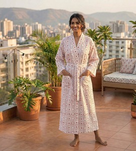 Hand Block Print Cotton Kimono Robe Women Soft Stand Collar Luxury Nightgown All Season Lounge Wear - Product Image 1
