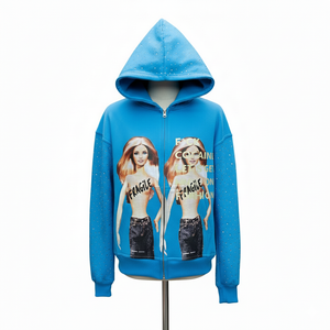 เสื้อฮู้ดซิปแบบสตรีทแวร์ประดับคริสตัลสั่งทำพิเศษสำหรับผู้ชาย พิมพ์โลโก้ตามสั่ง ทรงโอเวอร์ไซส์ ผ้าหนานุ่ม คุณภาพสูง ผลิตจากผ้าฝ้าย 100% - Product Image 3