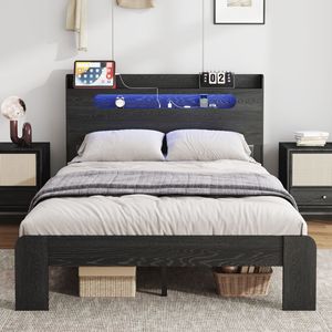 Lit plateforme en bois King Size avec tête de lit à éclairage LED et 2 ports USB, sans bruit, aucun sommier requis, rangement inclus - Product Image 4