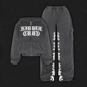 Acid Wash Distressed Men Winter Hooded Tracksuit 2 Piece <b>Set</b> Regular Fit Short Top & 100% Cotton Sweatpants <b>Embroidery</b> Patch - Product Image 1
