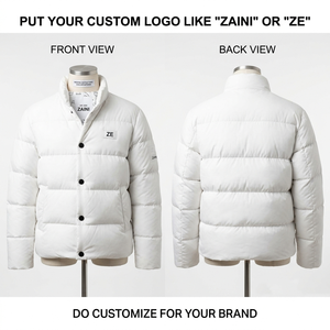 Veste matelassée en polyester pongé doux 120 GSM, blanche, avec panneaux horizontaux et logo tissé personnalisé, manteau d'hiver - Product Image 1
