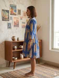 Robe midi bohème à imprimé animalier 100% coton avec col ras du cou et manches longues, coupe trapèze, ajustement régulier, décontractée pour l'été, ODM - Product Image 4
